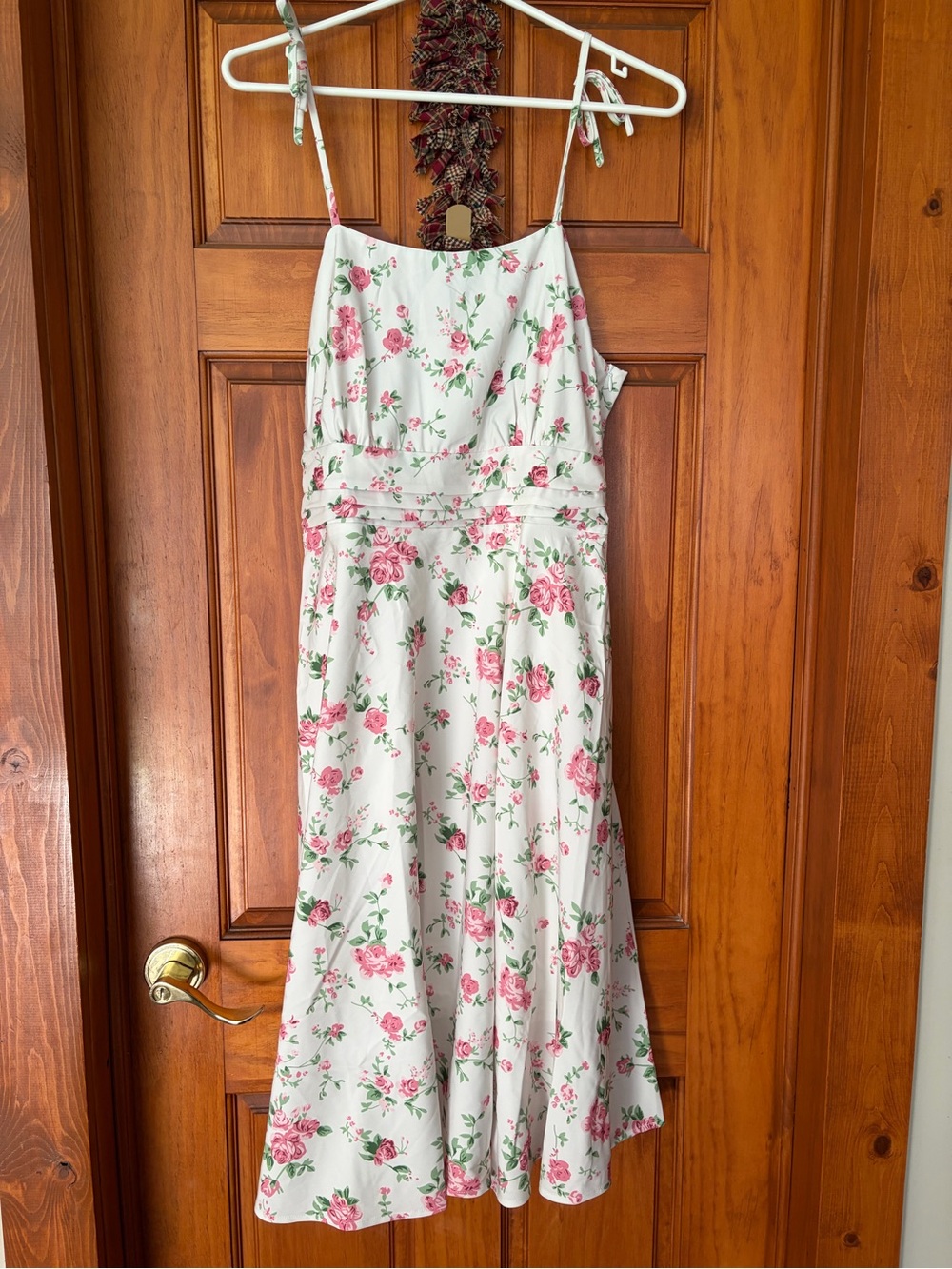 Belle Poque White Pink Floral Midi Dress 1950s Retro Rockabilly Swing Tie Strap